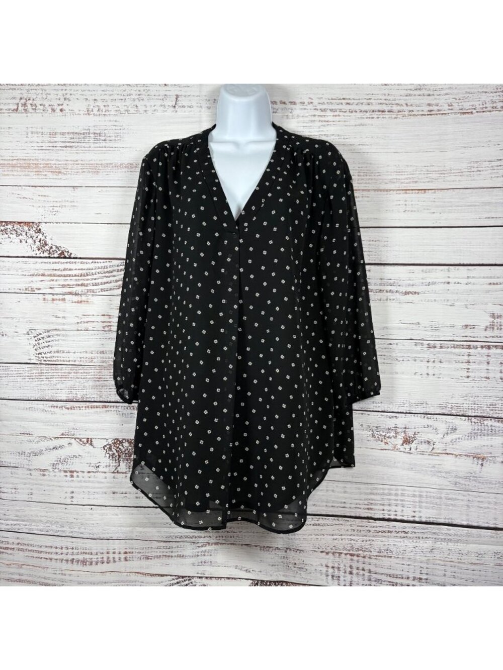 Jones New York Black Geometric Print 3/4 Sleeve Lined Blouse
